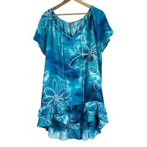 Avenue Avery Crush Tunic Top Womens 18/20 Blue Ombre Breeze Floral Ruffle Beachy